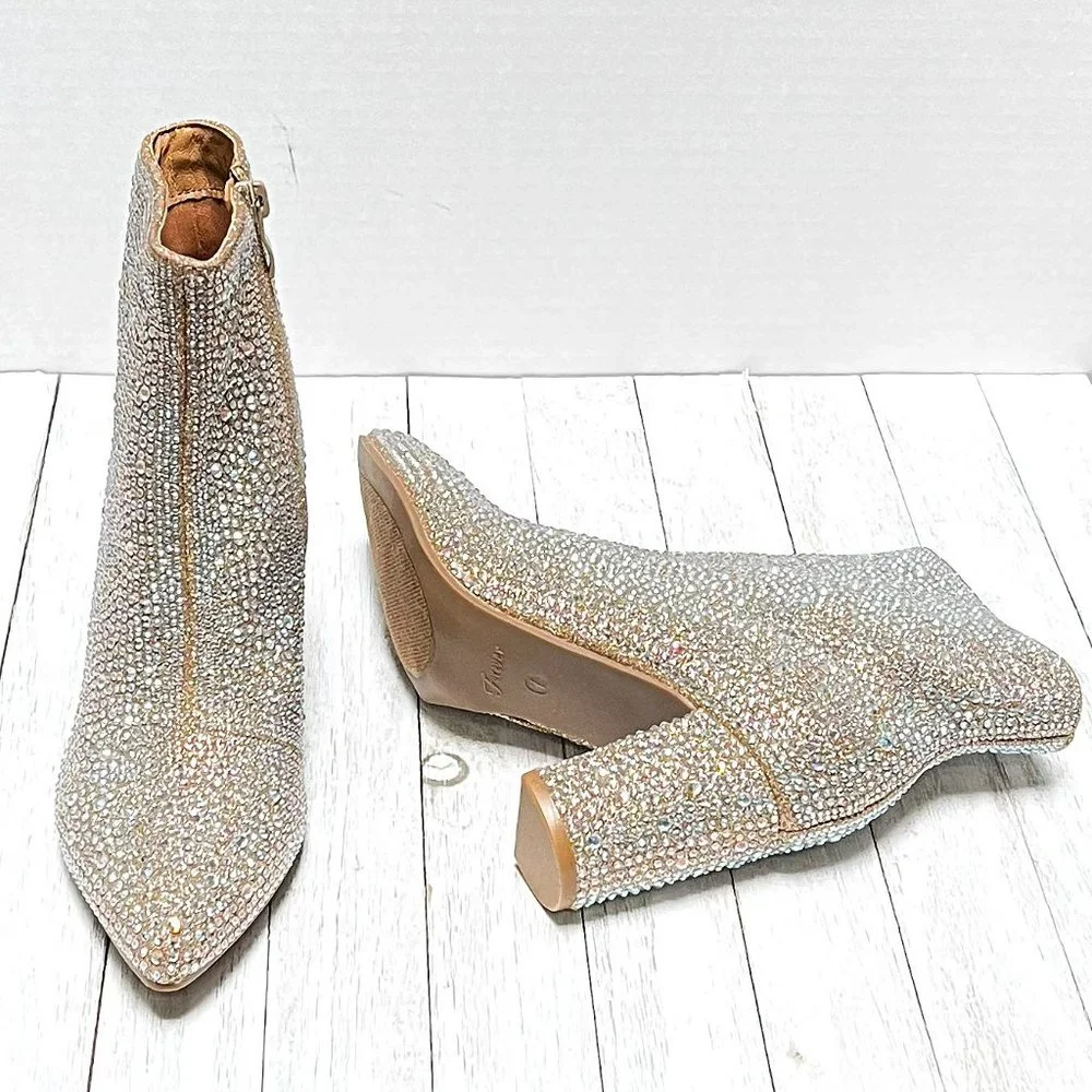 New Women Champagne Gold Rhinestone Glitter Pointy Ankle Boots Booties - Picture 7 of 9